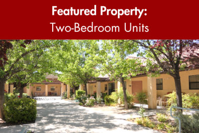 Templeton Place apartment with open path, trees, and text banner stating featured property, two bedroom units.