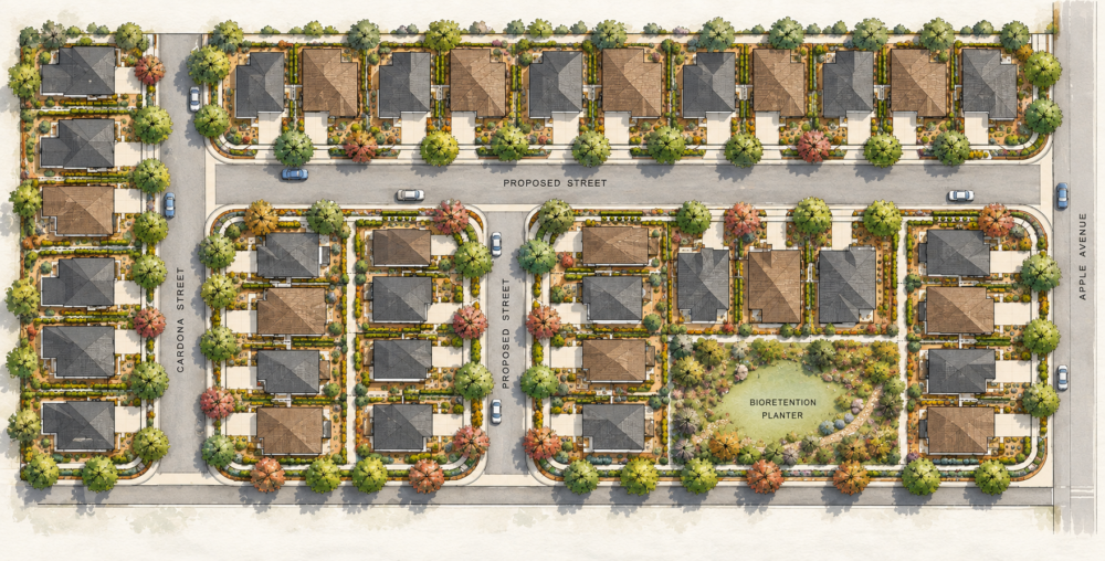 Paisaje Sitemap showing aerial view of Greenfield development.