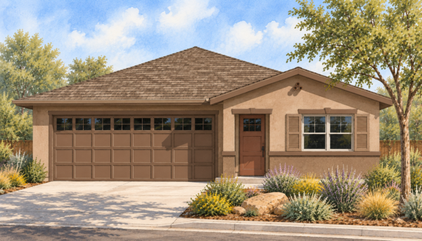 Vivienda de una sola planta, Esquema 1 Renderings of a house for Greenfield development.